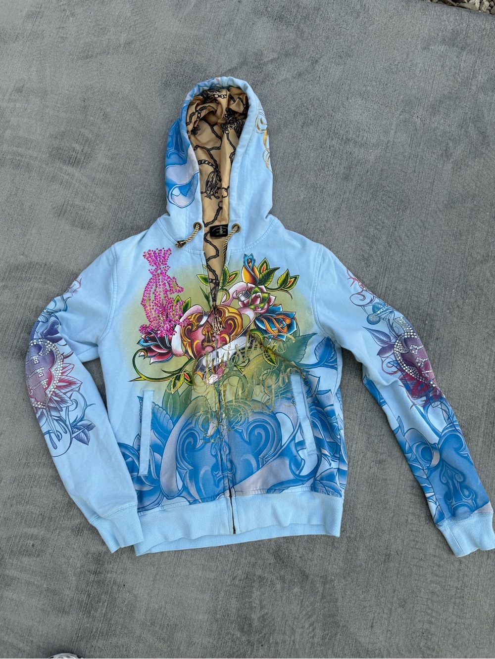 Christian Audigier Light Blue Floral & Heart Graphic Zip Hoodie Jacket